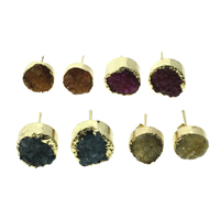 Natürliche Achat Druzy Ohrring, Eisquarz Achat, Eisen Stecker, flache Runde, goldfarben plattiert, druzy Stil, keine, 10x18mm-14x18mm, 50PaarePärchen/Tasche, verkauft von Tasche