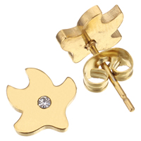 Stainless Steel Stud Earrings Starfish gold color plated with rhinestone Sold By Lot