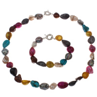 Gioielli perle naturali coltivate d'acquadolce, Bracciale & Collana, perla d'acquadolce coltivata naturalmente, ottone chiusura anello primavera, multi-colore, 11-14mm, Lunghezza Appross. 18 pollice, Appross. 7 pollice, Venduto da set