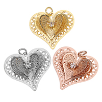 Messing hjerte Vedhæng, Heart, forgyldt, høj kvalitet plating og aldrig fade & med rhinestone & hule, flere farver til valg, nikkel, bly & cadmium fri, 26x24x5mm, Hole:Ca. 3mm, 50pc'er/Lot, Solgt af Lot