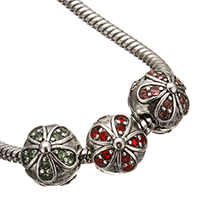 Sinc Alloy European Clip, Flower, dath airgid antique plátáilte, le rhinestone, dathanna níos mó le haghaidh rogha, nicil, luaidhe & caidmiam saor in aisce, 9.50x10.50x11.50mm, Poll:Thart 3.5mm, 100ríomhairí pearsanta/Lot, Díolta De réir Lot