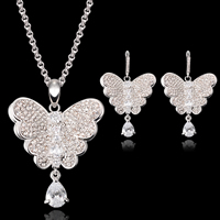 Zinklegering Sieraden Sets, oorbel & halsketting, Zinc Alloy, met ijzeren ketting, messing oorbel hendel weer clip, met 5cm extender keten, Vlinder, platinum plated, ovale keten & met strass, lood en cadmium vrij, 40x22mm, 36x27mm, Lengte Ca 17.5 inch, Verkocht door Stel