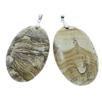 Picture Jasper Hänge, med järn bail, Flat Oval, platina pläterad, 37x58x10mm-40x61x11mm, Hål:Ca 4x5mm, 10PC/Bag, Säljs av Bag