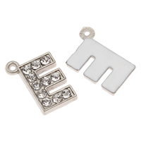 Zink Alloy Alphabet Hängen, Brev E, platina pläterad, med strass, nickel, bly och kadmium gratis, 16x20x2mm, Hål:Ca 1mm, 100PC/Bag, Säljs av Bag