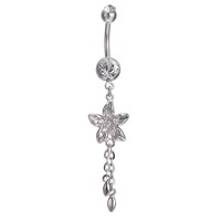 Bijoux Gets® Belly Ring, laiton, fleur, Plaqué de platine, avec zircone cubique & facettes, protéger l'environnement, sans nickel, plomb et cadmium, 12x65mm, Vendu par PC