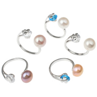 Pearl Fionnuisce Finger Ring, Prás, le Pearl Fionnuisce, dath platanam plátáilte, nádúrtha & oscailte & le zirconia ciúbach & ilghnéitheach, dathanna níos mó le haghaidh rogha, nicil, luaidhe & caidmiam saor in aisce, 9-10mm, 19x25x10mm, Méid:5.5, Díolta De réir Péire