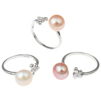 Freshwater Pearl fingerring, Messing, med Ferskvandsperle, platin farve forgyldt, naturlige & med 925 logo & åbent & med cubic zirconia & facetteret, flere farver til valg, nikkel, bly & cadmium fri, 9-10mm, 20x27x10mm, Størrelse:5.5, Solgt af PC