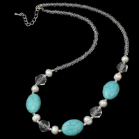 Kristal Halskettingen, met Synthetische Turquoise & Zoetwater Parel & Messing, met 5cm extender keten, platinum plated, natuurlijke & gefacetteerde, 6-7mm, Per verkocht Ca 16.5 inch Strand