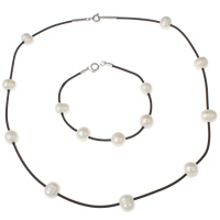 Gioielli perle naturali coltivate d'acquadolce, Bracciale & Collana, perla d'acquadolce coltivata naturalmente, with silicone, ottone chiusura anello primavera, naturale, bianco, 9-10mm, Lunghezza Appross. 19.5 pollice, Appross. 7.5 pollice, Venduto da set