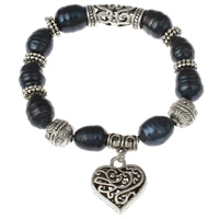 Pulseras de Perlas Freshwater, Perlas cultivadas de agua dulce, con metal, Corazón, chapado en color de plata antigua, teñido & pulsera del encanto & hueco, Negro, 9-10mm, 20x22x8mm, Vendido para aproximado 7 Inch Sarta