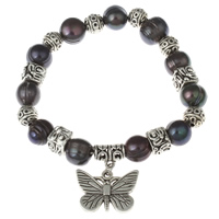 Pulseras de Perlas Freshwater, Perlas cultivadas de agua dulce, con metal, Mariposa, chapado en color de plata antigua, teñido & pulsera del encanto, Negro, 9-10mm, 22x16x2mm, Vendido para aproximado 7 Inch Sarta