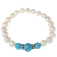 Fionnuisce saothraithe Pearl Bracelet, Pearl Fionnuisce, le spacer práis rhinestone & Turquoise sintéiseach, nádúrtha, bán, 7-8mm, Díolta Per Thart 6 Inse Snáithe