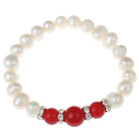 Sötvatten odlade Pearl Bracelet, Freshwater Pearl, med rhinestone mässing spacer & Red Agate, naturlig, vit, 6-7mm, Såld Per Ca 6 inch Strand