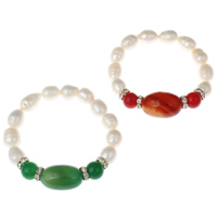 Bracelet en perles de culture d'eau douce, perle d'eau douce cultivée, avec entretoise laiton strass & Agate, naturel, différents matériaux pour le choix, blanc, 9-10mm, Vendu par Environ 7 pouce brin