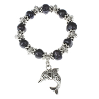 Sötvatten odlade Pearl Bracelet, Freshwater Pearl, med Mässing, Dolphin, antik silver pläterad, färgade & charm armband, svart, 8-9mm, 22x31x4mm, Såld Per Ca 6 inch Strand