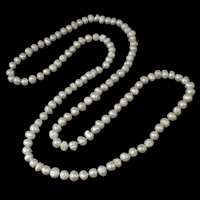 Naturliga sötvatten pärla långt halsband, Freshwater Pearl, Knapp, vit, 9-10mm, Såld Per Ca 47 inch Strand