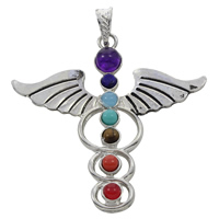 Gemstone Vedhæng Smykker, Zinc Alloy, med Ædelsten, Angel Wing Cross, platin farve forgyldt, naturlige & sværte, bly & cadmium fri, 55x6mm, Hole:Ca. 5x7mm, Solgt af PC