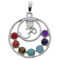 Edelsteen Hangers Sieraden, Zinc Alloy, met Edelsteen, Rond plat, platinum plated, natuurlijke & met om symbool, lood en cadmium vrij, 31x35x5mm, Gat:Ca 5x7mm, Verkocht door PC