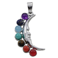 Pendants Gemstone Jewelry, Sinc Alloy, le Gemstone, Gealach, dath platanam plátáilte, nádúrtha, luaidhe & caidmiam saor in aisce, 13x32x5mm, Poll:Thart 5x7mm, 30ríomhairí pearsanta/Mála, Díolta De réir Mála