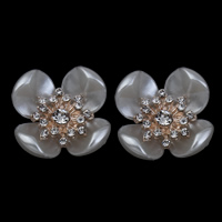 Acessórios de jóias, Pérolas de plástico ABS, with liga de zinco, Flor, cromado de cor dourada, com strass, branco, 23x11mm, Buraco:Aprox 1mm, 3PCs/Bag, vendido por Bag