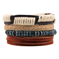 Koeienhuid Armband-Set, met Gewaxt katoenen koord & Hennep & Hout, verstelbaar, Lengte Ca 7-7.9 inch, 4strengen/Stel, Verkocht door Stel