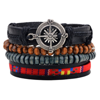 Koeienhuid Armband-Set, met Gewaxt katoenen koord & Katoen & Hout & Zinc Alloy, antiek zilver plated, verstelbaar, Lengte Ca 7-7.9 inch, 4strengen/Stel, Verkocht door Stel