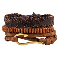 Koeienhuid Armband-Set, met Gewaxt katoenen koord & Nylon Koord & Hout & Zinc Alloy, Pirate vishaak, gold plated, nautische patroon & verstelbaar, Lengte Ca 7-7.9 inch, 3strengen/Stel, Verkocht door Stel