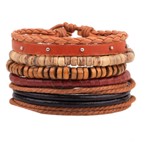 Cowhide Bracelet Set with Waxed Cotton Cord & Coconut & PU Leather & Wood & Zinc Alloy platinum color plated with rivet stud & adjustable Length Approx 7-7.9 Inch Sold By Set