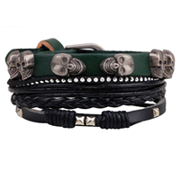 Koeienhuid Armband-Set, met Gewaxt katoenen koord & PU & Zinc Alloy, Schedel, plated, Wie th Rive ts één d & gevlochten armband & verstelbaar, Lengte Ca 7-7.9 inch, 2strengen/Stel, Verkocht door Stel