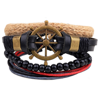 Koskind Armbånd sæt, med Vokset Cotton Cord & Hamp & Træ & Zinc Alloy, Ship Wheel, antik bronze farve forgyldt, nautiske mønster & justerbar, Længde Ca. 7-7.9 inch, 4Strands/sæt, Solgt af sæt