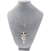 Cat Eye Sweater ketting, Zinc Alloy, met messing ketting & Cats Eye, Uil, rose goud plated, slang keten & glazuur & met strass & 2-strengs & hol, lood en cadmium vrij, 30x63x10mm, Lengte Ca 23.5 inch, 12strengen/Bag, Verkocht door Bag