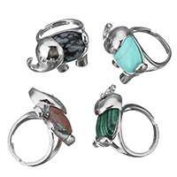 Gemstone Finger Ring, Ädelsten, med Mässing, Elefant, platina pläterad, naturliga & olika material för val & justerbar, nickel, bly och kadmium gratis, 27.50x19.50mm, Storlek:8, Säljs av PC