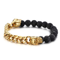 Lava Armband, met Roestvrij staal, Schedel, gold plated, natuurlijke & kinketting, 8.50mm, Per verkocht Ca 8.5 inch Strand