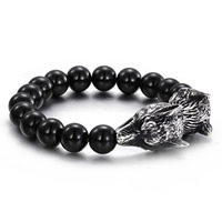 Glas perler armbånd, med Stainless Steel, Wolf, sværte, 10mm, Solgt Per Ca. 8.5 inch Strand