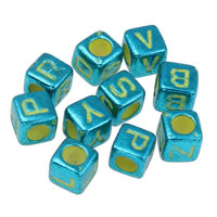 Grânulos acrílicos de alfabeto, acrilico, Cubo, Revestimento UV, padrão misto & com padrão de carta, azul, 6x6mm, Buraco:Aprox 3mm, Aprox 3000PCs/Bag, vendido por Bag