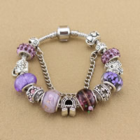 European Armbånd, Zinc Alloy, med messing kæde & rhinestone ler bane & Lampwork, antik sølv farve forgyldt, forskellige længde for valg & med rhinestone, nikkel, bly & cadmium fri, Solgt af Strand