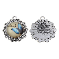 Alliage de zinc plate ronde pendentifs, avec verre, Plat rond, Plaqué de couleur d'argent, temps bijou bijoux & décalque, sans plomb et cadmium, 31x34x8mm, Trou:Environ 3mm, Vendu par PC