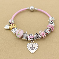 European Armbånd, Zinc Alloy, med rhinestone ler bane & PU & Lampwork, Heart, forgyldt, forskellige længde for valg & emalje, nikkel, bly & cadmium fri, Solgt af Strand