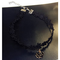 Mode Choker halsband, Lace, med Zink Alloy, med 2lnch extender kedja, Blomma, plated, emalj, Såld Per Ca 12.5 inch Strand