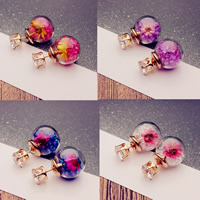 Dobbelt Stillet Stud Earring, Glas, med Tørret blomst & Rhinestone, rustfrit stål ørering indlæg, guldfarve belagt, med cubic zirconia, flere farver til valg, 16mm, Solgt af par