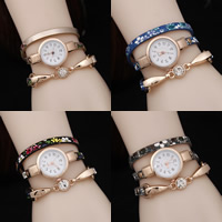 Wrap Watch PU Leather with Glass & Zinc Alloy gold color plated with flower pattern &  & with rhinestone nickel lead & cadmium free 30mm 20mm Sold Per Approx 24.4 Inch Strand