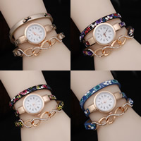 Reloj Wrap, Cuero de PU, con Vidrio & aleación de zinc, chapado en color dorado, con patrón de flores & 3-aro & con diamantes de imitación, más colores para la opción, libre de níquel, plomo & cadmio, 30mm, 20mm, Vendido para aproximado 24.4 Inch Sarta