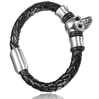 Bracelet homme, cuir de peau de vache, avec silicone & acier inoxydable, crane, avec strass & noircir, 21x12mm, 8mm, 13.5x23x14mm, 8x12mm, Longueur Environ 8.5 pouce, 12Strandstoron/lot, Vendu par lot