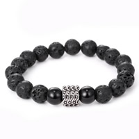 lava Pulsera, con Vidrio & aleación de zinc, Columna, chapado en color de plata antigua, natural, Negro, 180mm, longitud aproximado 7 Inch, 3Strandsfilamento/Bolsa, Vendido por Bolsa