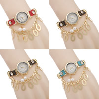 Pulsera de Reloj para Mujer, aleación de zinc, con Cuero de PU & Vidrio & Perlas plásticas, con 1.5lnch extender cadena, chapado en color dorado, con diamantes de imitación, más colores para la opción, libre de níquel, plomo & cadmio, 25mm, 15mm, Vendido para aproximado 9.5 Inch Sarta