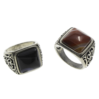 Bague agate, laiton, avec agate lace, rectangle, Plaqué de couleur d'argent, teints, plus de couleurs à choisir, protéger l'environnement, sans nickel, plomb et cadmium, 22x26x17mm, Taille:9.5, Environ 10PC/sac, Vendu par sac