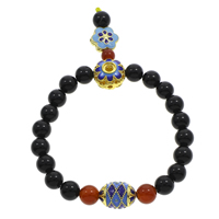 Handgelenk Mala, Schwarzer Achat, mit Nylonschnur & Roter Achat & Zinklegierung, Blume, goldfarben plattiert, Imitation Cloisonne & buddhistischer Schmuck & Emaille & hohl, 8mm, 11x15mm, verkauft per ca. 6 ZollInch Strang