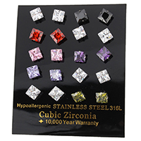 Kubinių cirkonis (CZ) Stud Auskarai, Nerūdijantis plienas, Aikštė, su kubinių Zirconia & briaunotas, multi-colored, 7x7x14mm, 10poros/Dėžutės, Pardavė Dėžutės