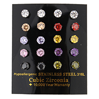 Cubic Zircon (CZ) Stud Earring Stainless Steel with cubic zirconia & faceted mixed colors Sold By Box