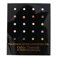 Cubic Zircon ( CZ ) Stud Earring, ROSTFRITT STÅL, med cubic zirconia & fasetterad, blandade färger, 3x3x12.50mm, 10Pairs/Box, Säljs av Box